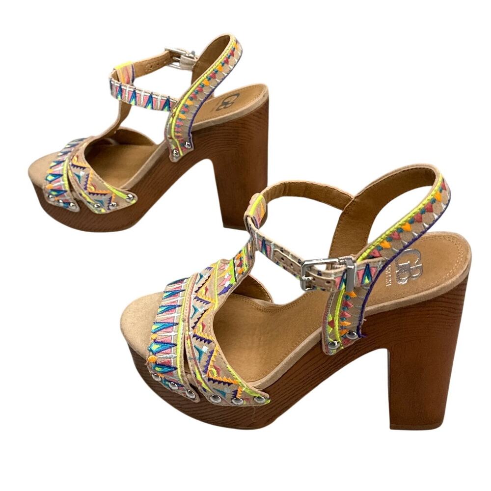 Gianni Bini Retro Glam Aztec Print 5" Wood Platform Heel T-Strap Sandal Women 9 - Picture 6 of 8